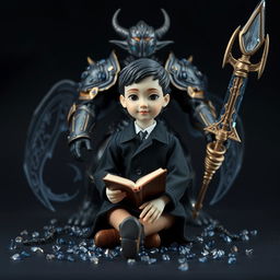 Against a black background, in the center, there is a porcelain male doll with Asian features, dressed in a black school uniform, sitting while holding a vintage book