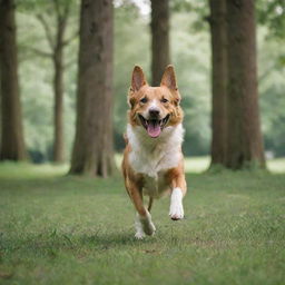 A cheerful, energetic dog running in a lush, green park with tall trees.