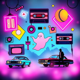 A vibrant and nostalgic 80s movie-themed wallpaper, featuring iconic elements like neon lights, retro cassette tapes, bold geometric shapes, and famous 80s film references such as ghost characters, classic cars, and an adventurous silhouette