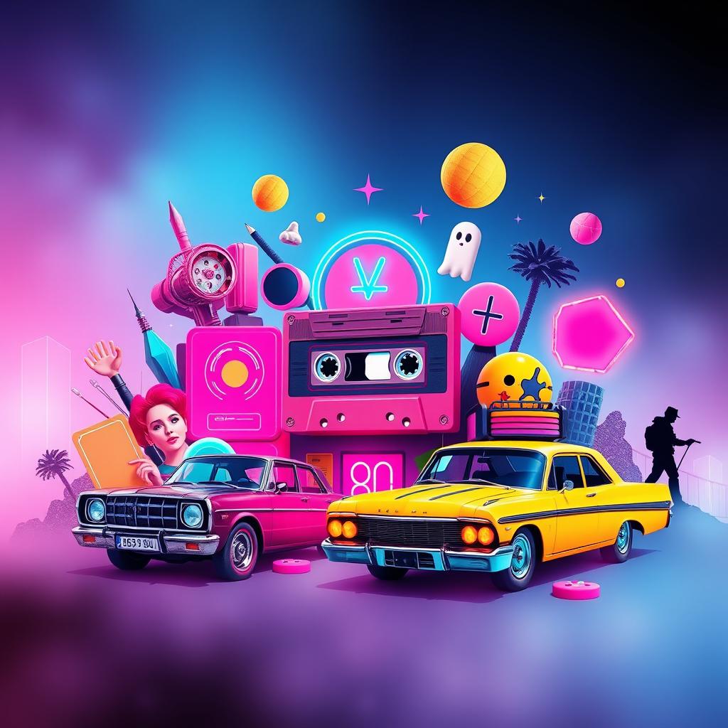 A vibrant and nostalgic 80s movie-themed wallpaper, featuring iconic elements like neon lights, retro cassette tapes, bold geometric shapes, and famous 80s film references such as ghost characters, classic cars, and an adventurous silhouette