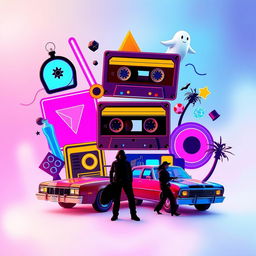 A vibrant and nostalgic 80s movie-themed wallpaper, featuring iconic elements like neon lights, retro cassette tapes, bold geometric shapes, and famous 80s film references such as ghost characters, classic cars, and an adventurous silhouette