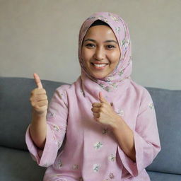 A beautiful 35-year-old Malay woman wearing a flowery hijab and a plain pastel blouse, sitting on a sofa. She is holding a spoon of dried olives in one hand and showing a thumbs-up with the other, whilst smiling.