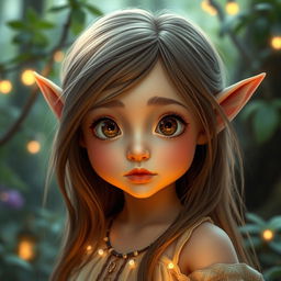 A young elf girl with petite features, characterized by her big, expressive eyes and delicate stature