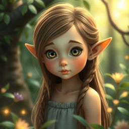 A young elf girl with petite features, characterized by her big, expressive eyes and delicate stature