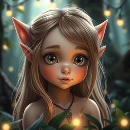 A young elf girl with petite features, characterized by her big, expressive eyes and delicate stature