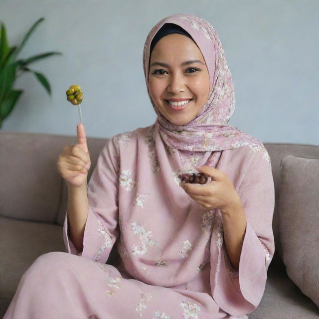 A beautiful 35-year-old Malay woman wearing a flowery hijab and a plain pastel blouse, sitting on a sofa. She is holding a spoon of dried olives in one hand and showing a thumbs-up with the other, whilst smiling.