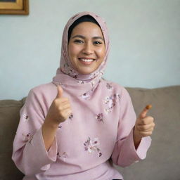 A beautiful 35-year-old Malay woman wearing a flowery hijab and a plain pastel blouse, sitting on a sofa. She is holding a spoon of dried olives in one hand and showing a thumbs-up with the other, whilst smiling.