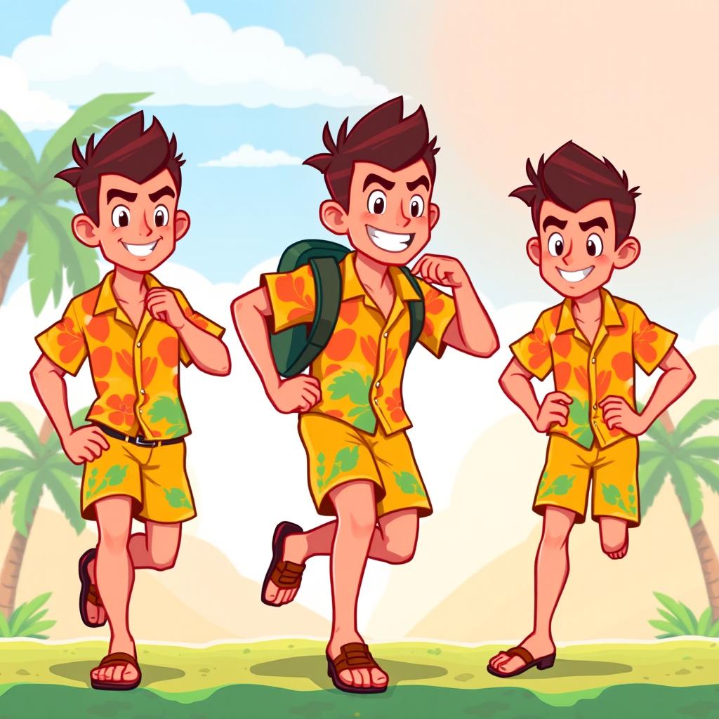 Pixel art style character sprites of a male character, designed for a 2D platform scrolling video game reminiscent of 'Adventure Island'