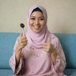 A beautiful 35-year-old Malay woman wearing a flowery hijab and a plain pastel blouse, sitting on a sofa. She is holding a spoon of dried olives in one hand and showing a thumbs-up with the other, whilst smiling.