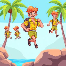 Pixel art style character sprites of a male character, designed for a 2D platform scrolling video game reminiscent of 'Adventure Island'