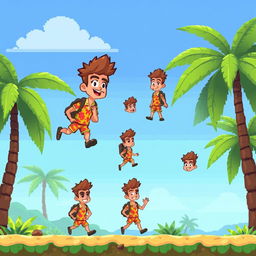 Pixel art style character sprites of a male character, designed for a 2D platform scrolling video game reminiscent of 'Adventure Island'