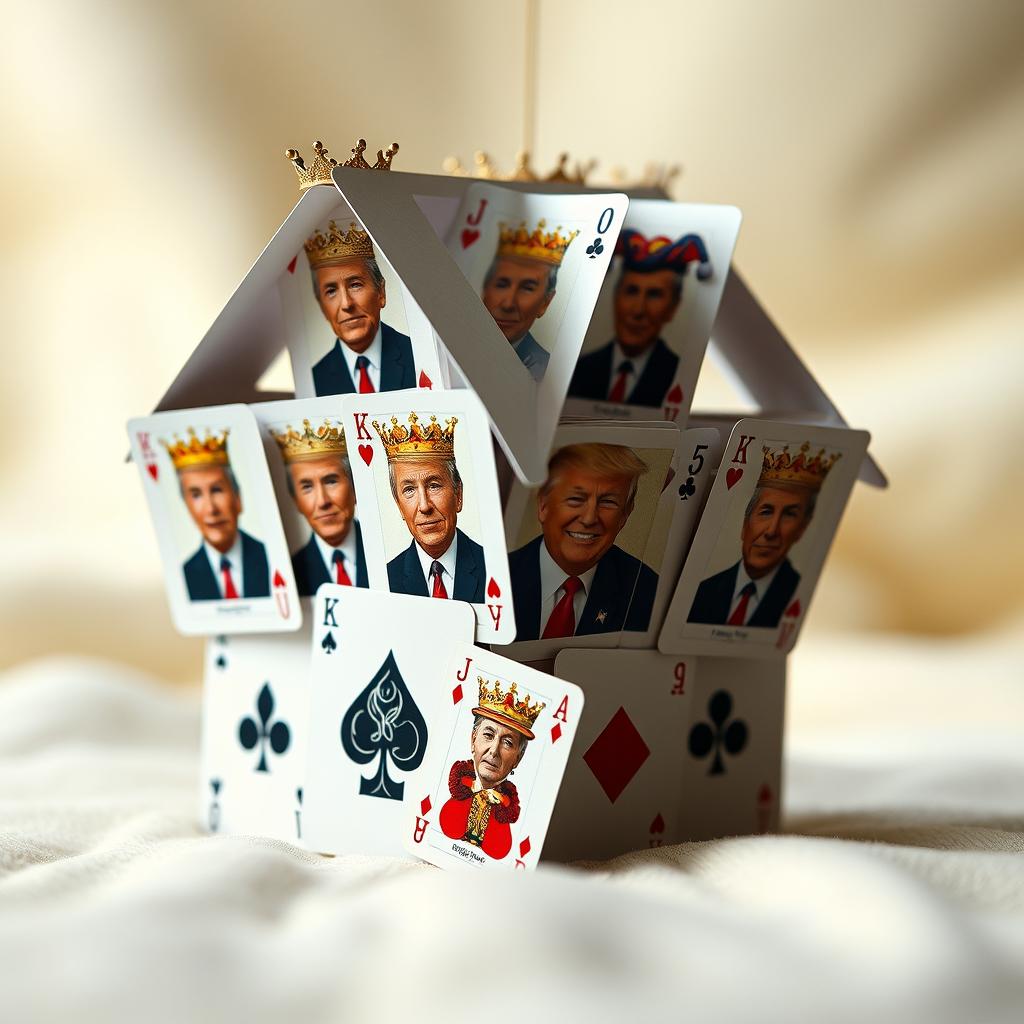 A creative composition featuring a house of cards, intricately designed, with several cards prominently displaying images of Donald Trump