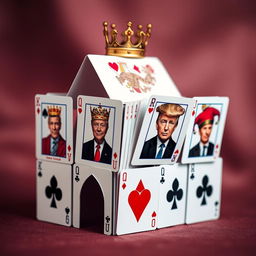 A creative composition featuring a house of cards, intricately designed, with several cards prominently displaying images of Donald Trump