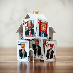 A creative composition featuring a house of cards, intricately designed, with several cards prominently displaying images of Donald Trump