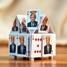 A creative composition featuring a house of cards, intricately designed, with several cards prominently displaying images of Donald Trump