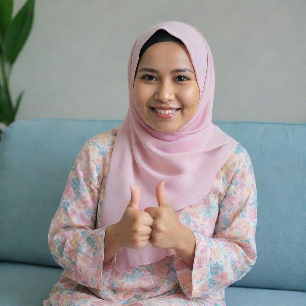 A beautiful 35-year-old Malay woman wearing a flowery hijab and a plain pastel blouse, sitting on a sofa. She is showing thumbs up and smiling brightly.