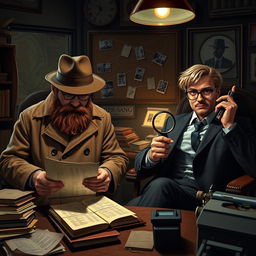 A scene featuring two detectives in a cozy, dimly lit office