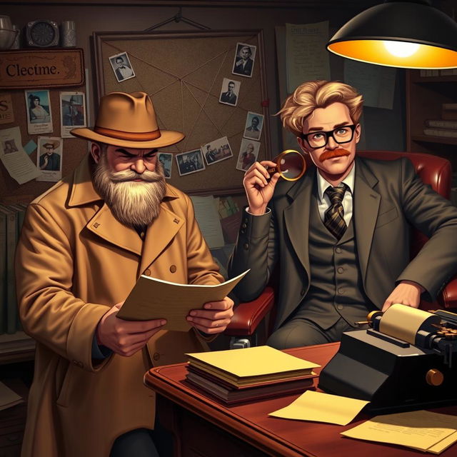 A scene featuring two detectives in a cozy, dimly lit office