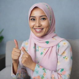 A beautiful 35-year-old Malay woman wearing a flowery hijab and a plain pastel blouse, sitting on a sofa. She is showing thumbs up and smiling brightly.