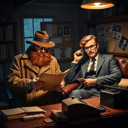 A scene featuring two detectives in a cozy, dimly lit office