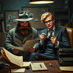 A scene featuring two detectives in a cozy, dimly lit office