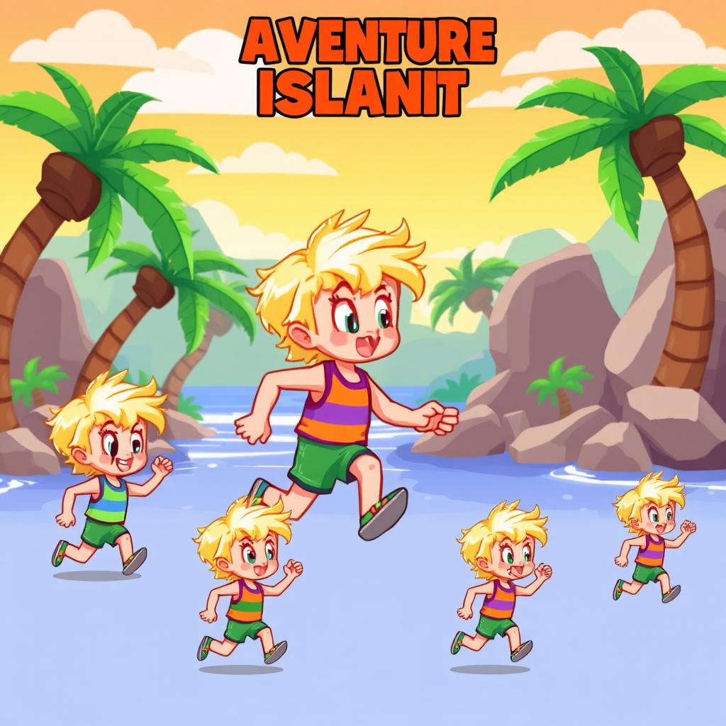 Pixel art style character sprites of a blonde child designed for a 2D platform scrolling video game reminiscent of 'Adventure Island'