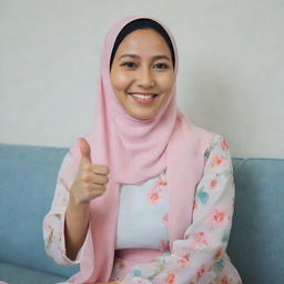 A beautiful 35-year-old Malay woman wearing a flowery hijab and a plain pastel blouse, sitting on a sofa. She is showing thumbs up and smiling brightly.