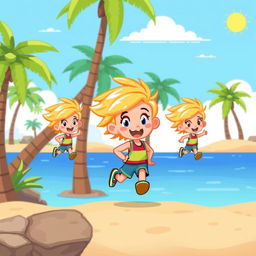 Pixel art style character sprites of a blonde child designed for a 2D platform scrolling video game reminiscent of 'Adventure Island'