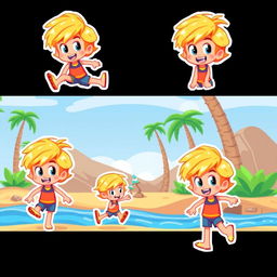 Pixel art style character sprites of a blonde child designed for a 2D platform scrolling video game reminiscent of 'Adventure Island'