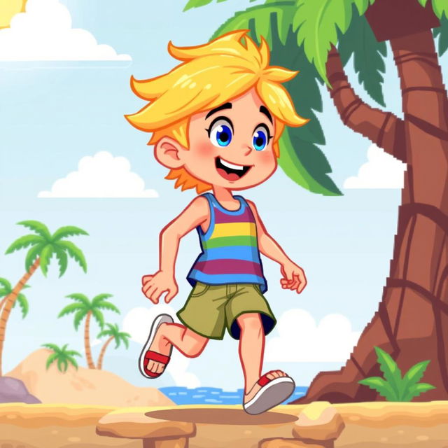 Pixel art style character sprites of a blonde child designed for a 2D platform scrolling video game reminiscent of 'Adventure Island'