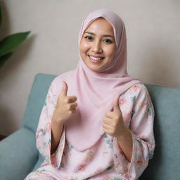 A beautiful 35-year-old Malay woman wearing a flowery hijab and a plain pastel blouse, sitting on a sofa. She is showing thumbs up and smiling brightly.