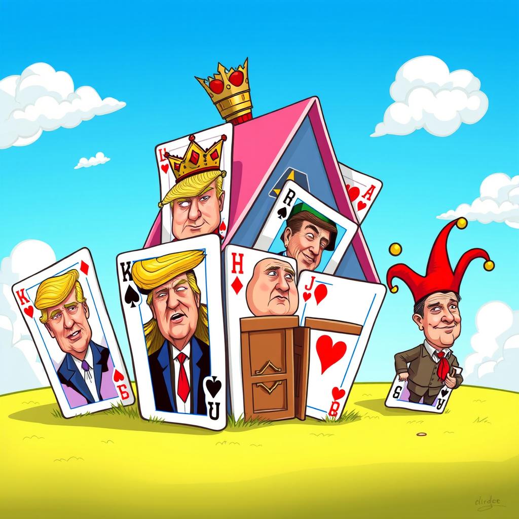 A whimsical cartoon image depicting a colorful house of cards, creatively constructed with various playing cards