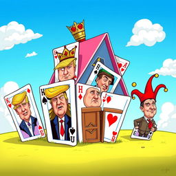 A whimsical cartoon image depicting a colorful house of cards, creatively constructed with various playing cards