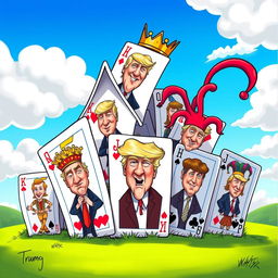 A whimsical cartoon image depicting a colorful house of cards, creatively constructed with various playing cards