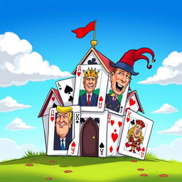 A whimsical cartoon image depicting a colorful house of cards, creatively constructed with various playing cards