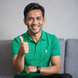 A handsome 38-year-old Malay man wearing a green polo t-shirt sitting on a sofa. He is showing a thumbs up and smiling brightly.