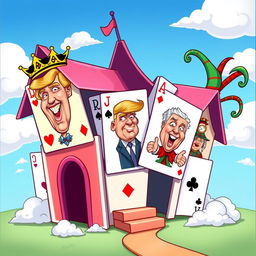 A whimsical cartoon image depicting a colorful house of cards, creatively constructed with various playing cards