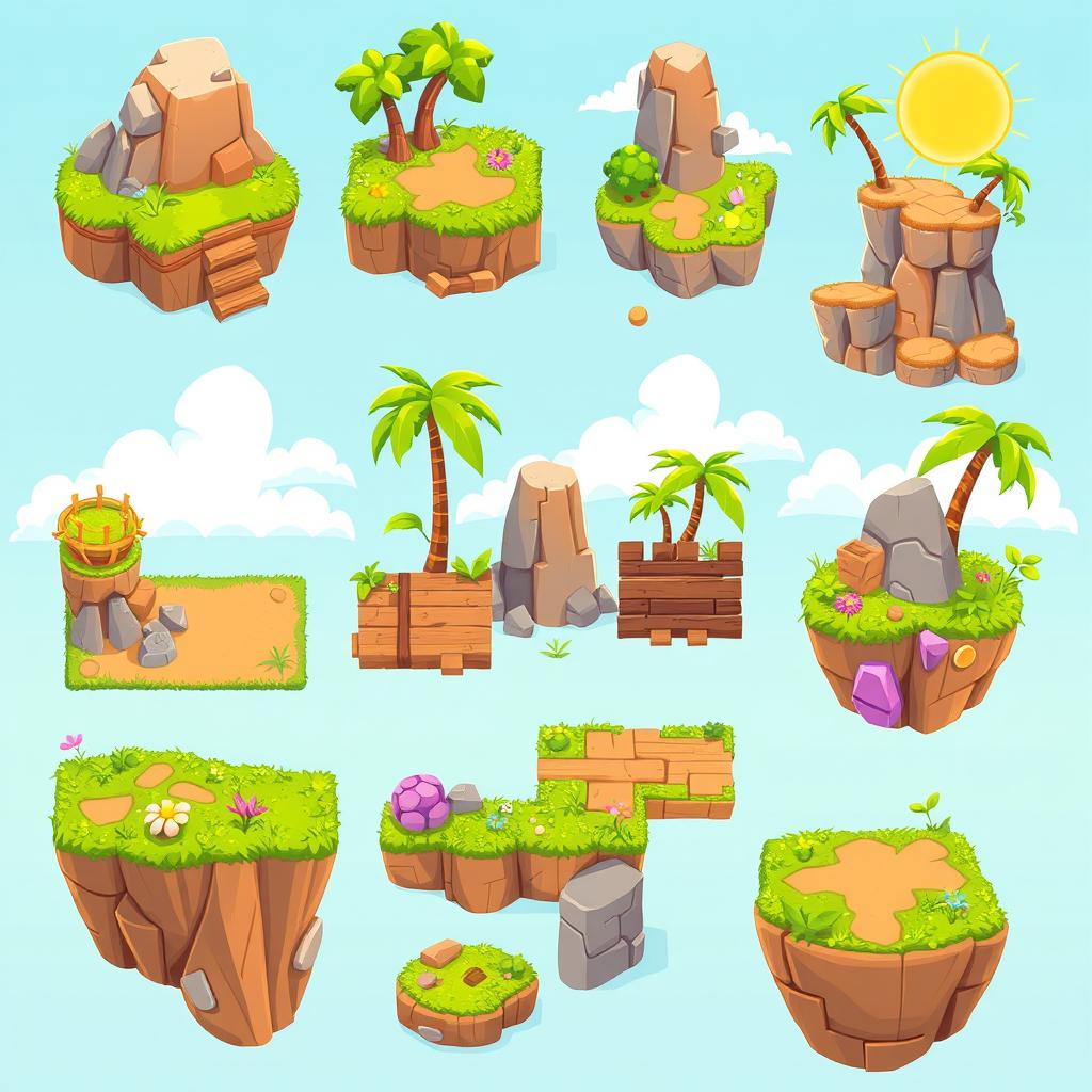 A collection of 2D platformer tilesets designed for a vibrant and whimsical environment, featuring various tiles for ground, platforms, and obstacles