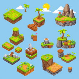 A collection of 2D platformer tilesets designed for a vibrant and whimsical environment, featuring various tiles for ground, platforms, and obstacles