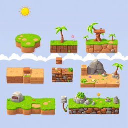 A collection of 2D platformer tilesets designed for a vibrant and whimsical environment, featuring various tiles for ground, platforms, and obstacles