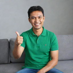 A handsome 38-year-old Malay man wearing a green polo t-shirt sitting on a sofa. He is showing a thumbs up and smiling brightly.