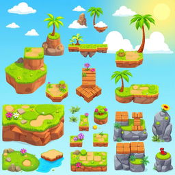 A collection of 2D platformer tilesets designed for a vibrant and whimsical environment, featuring various tiles for ground, platforms, and obstacles