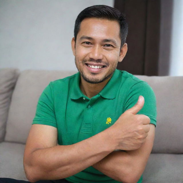 A handsome 38-year-old Malay man wearing a green polo t-shirt sitting on a sofa. He is showing a thumbs up and smiling brightly.