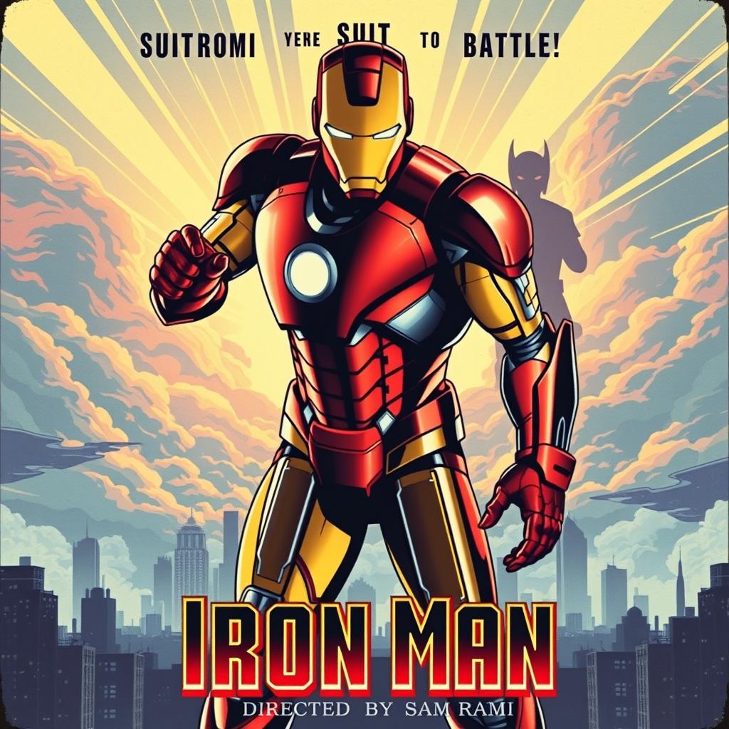 A vintage-style movie poster for Sam Raimi's fictional 1993 film 'Iron Man'