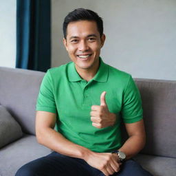 A handsome 38-year-old Malay man wearing a green polo t-shirt sitting on a sofa. He is showing a thumbs up and smiling brightly.