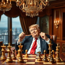 Donald Trump sitting at a chessboard, victorious, with a sly smile