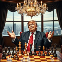 Donald Trump sitting at a chessboard, victorious, with a sly smile