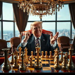 Donald Trump sitting at a chessboard, victorious, with a sly smile