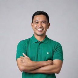 A handsome 38-year-old Malay man wearing a green polo t-shirt standing confidently. He is showing a thumbs up and smiling brightly.