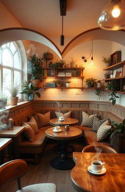 A heart-shaped cozy coffee shop interior, warm and inviting atmosphere